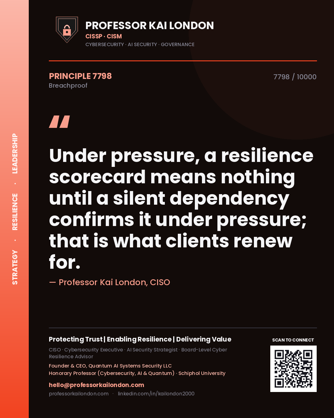 Professor Kai London principle 7798: Under pressure, a resilience scorecard means nothing until a silent dependency confirms it under pressure; that is what clients renew for.