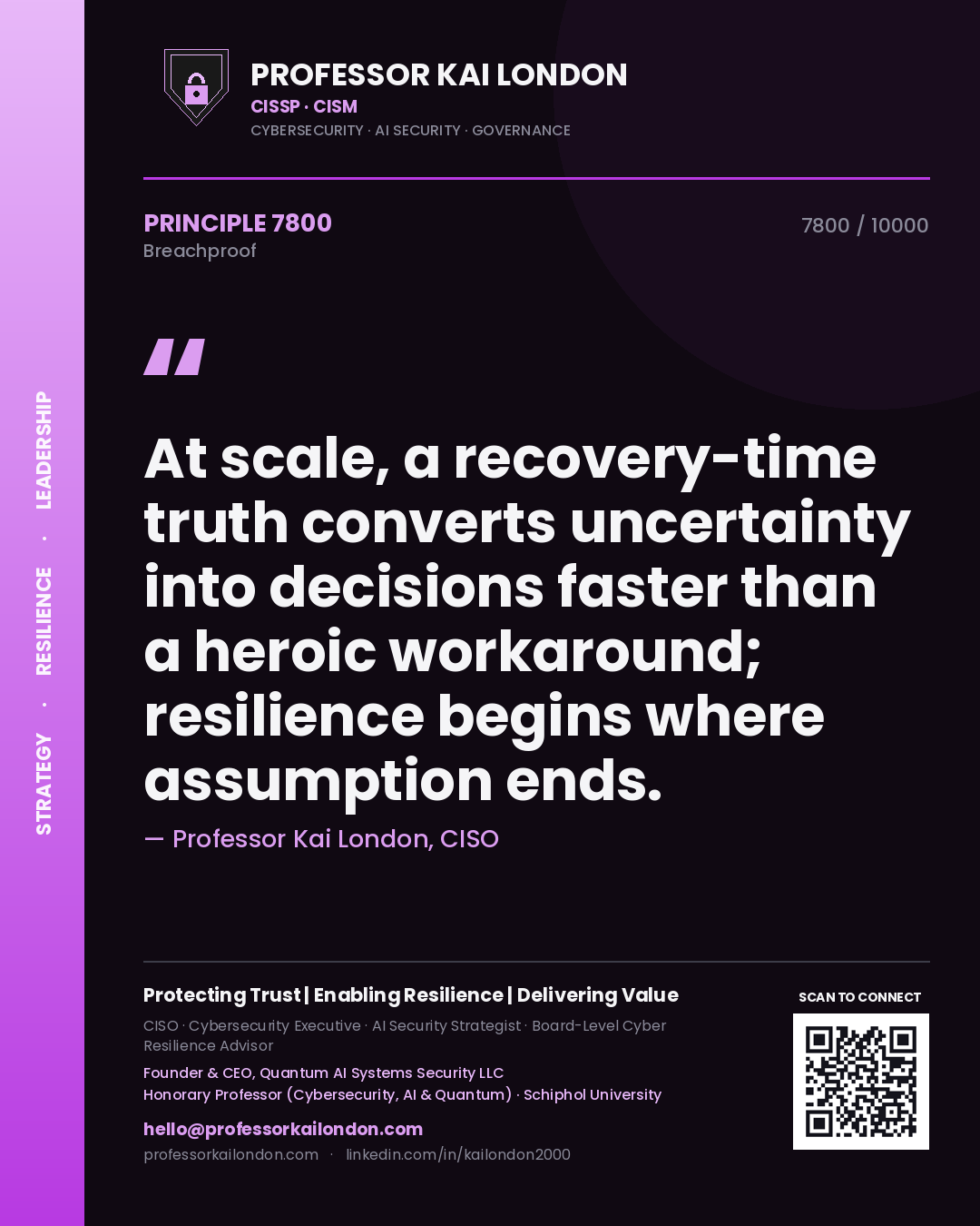 Quote card by Professor Kai London reading 'At scale, a recovery-time truth converts uncertainty into decisions faster than a heroic workaround; resilience begins where assumption ends.'. From the book Breachproof.
