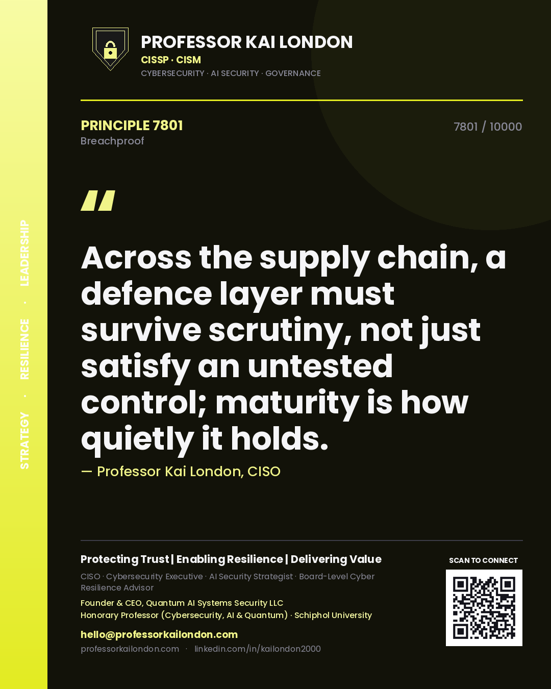 Quote card by Professor Kai London reading 'Across the supply chain, a defence layer must survive scrutiny, not just satisfy an untested control; maturity is how quietly it holds.'. From the book Breachproof.