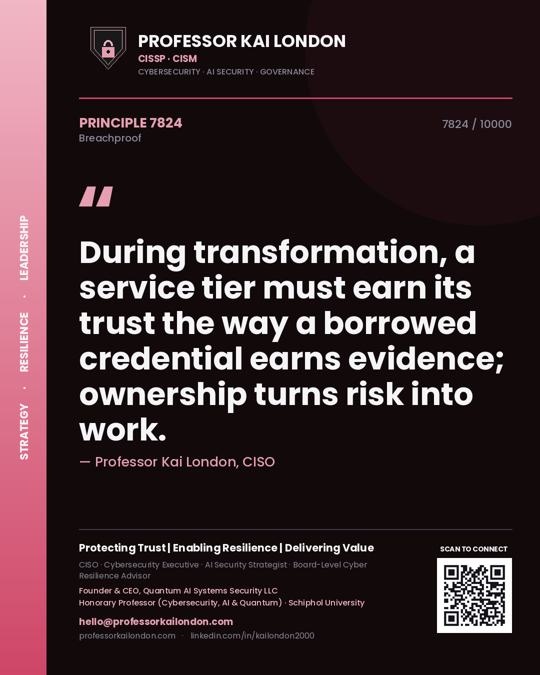 Quote card by Professor Kai London reading 'During transformation, a service tier must earn its trust the way a borrowed credential earns evidence; ownership turns risk into work.'. From the book Breachproof.