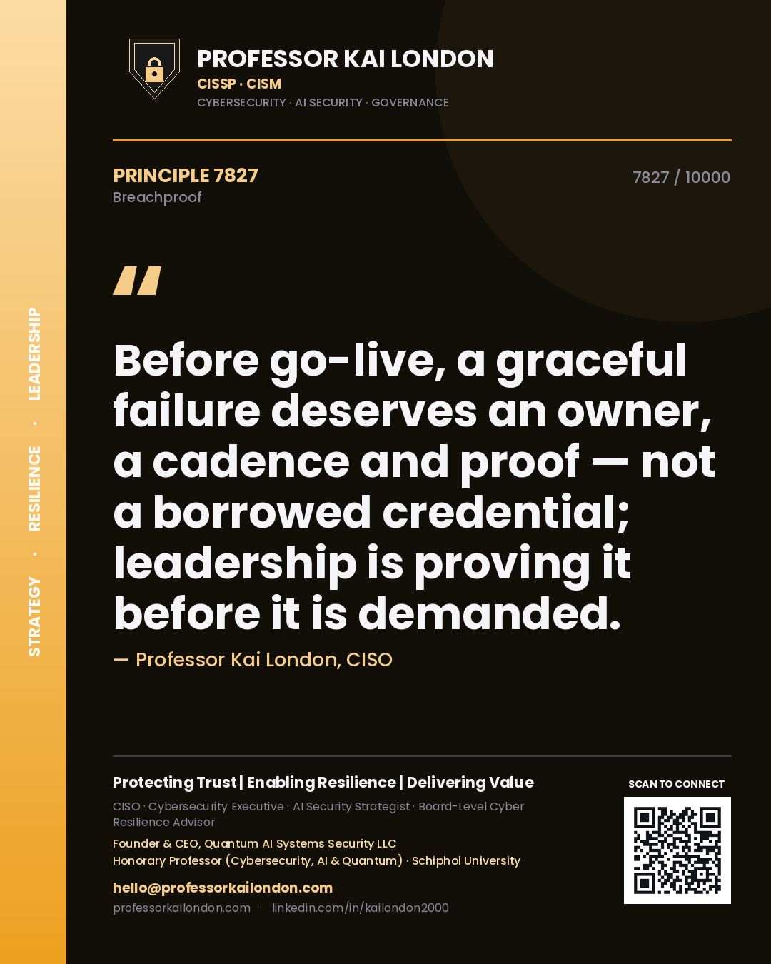 Quote card by Professor Kai London reading 'Before go-live, a graceful failure deserves an owner, a cadence and proof — not a borrowed credential; leadership is proving it before it is demanded.'. From the book Breachproof.