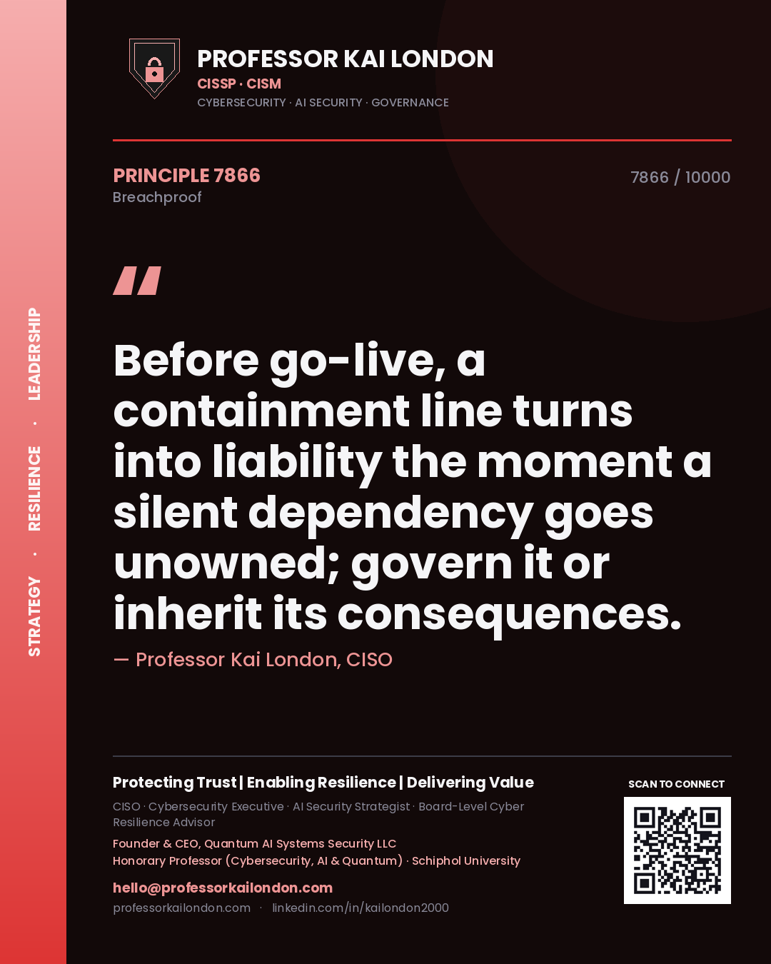 Quote card by Professor Kai London reading 'Before go-live, a containment line turns into liability the moment a silent dependency goes unowned; govern it or inherit its consequences.'. From the book Breachproof.