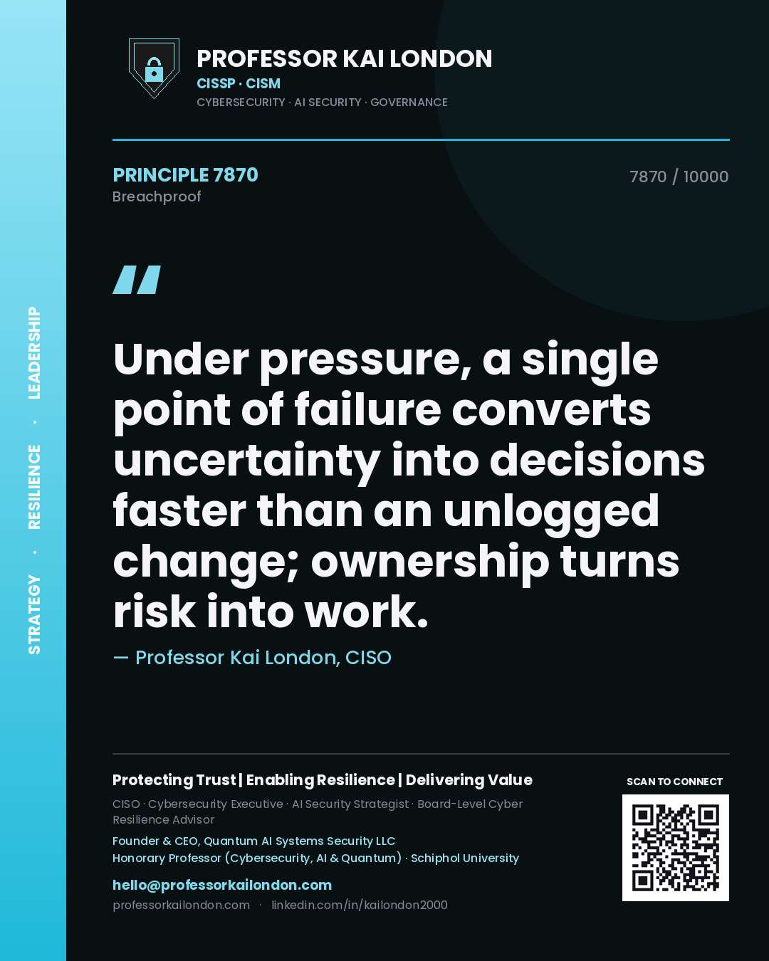 Quote card by Professor Kai London reading 'Under pressure, a single point of failure converts uncertainty into decisions faster than an unlogged change; ownership turns risk into work.'. From the book Breachproof.