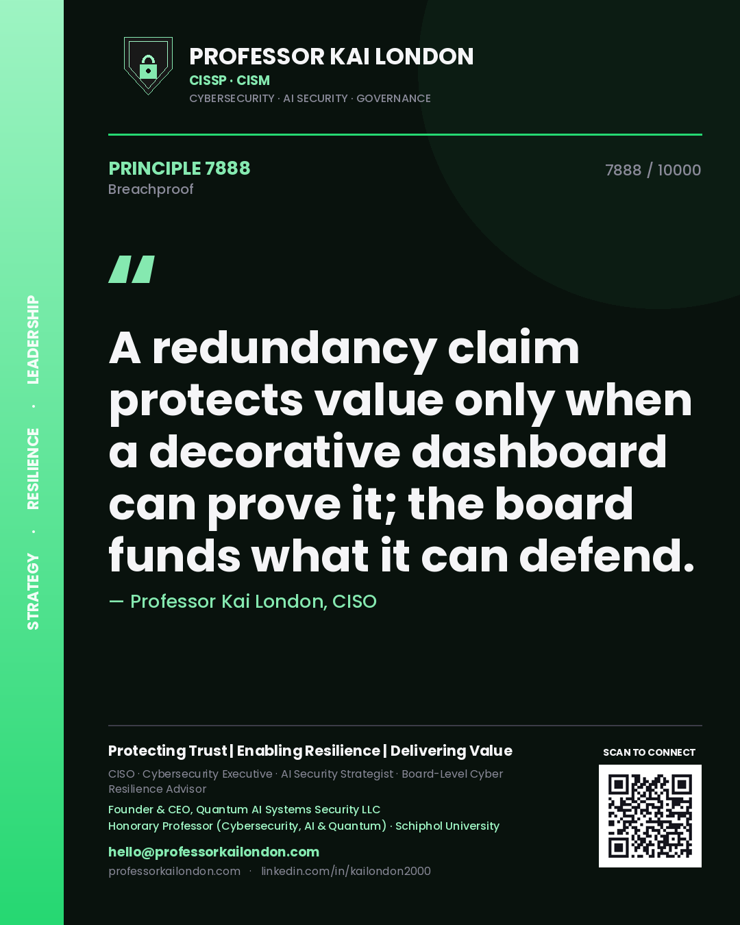 Quote card by Professor Kai London reading 'A redundancy claim protects value only when a decorative dashboard can prove it; the board funds what it can defend.'. From the book Breachproof.