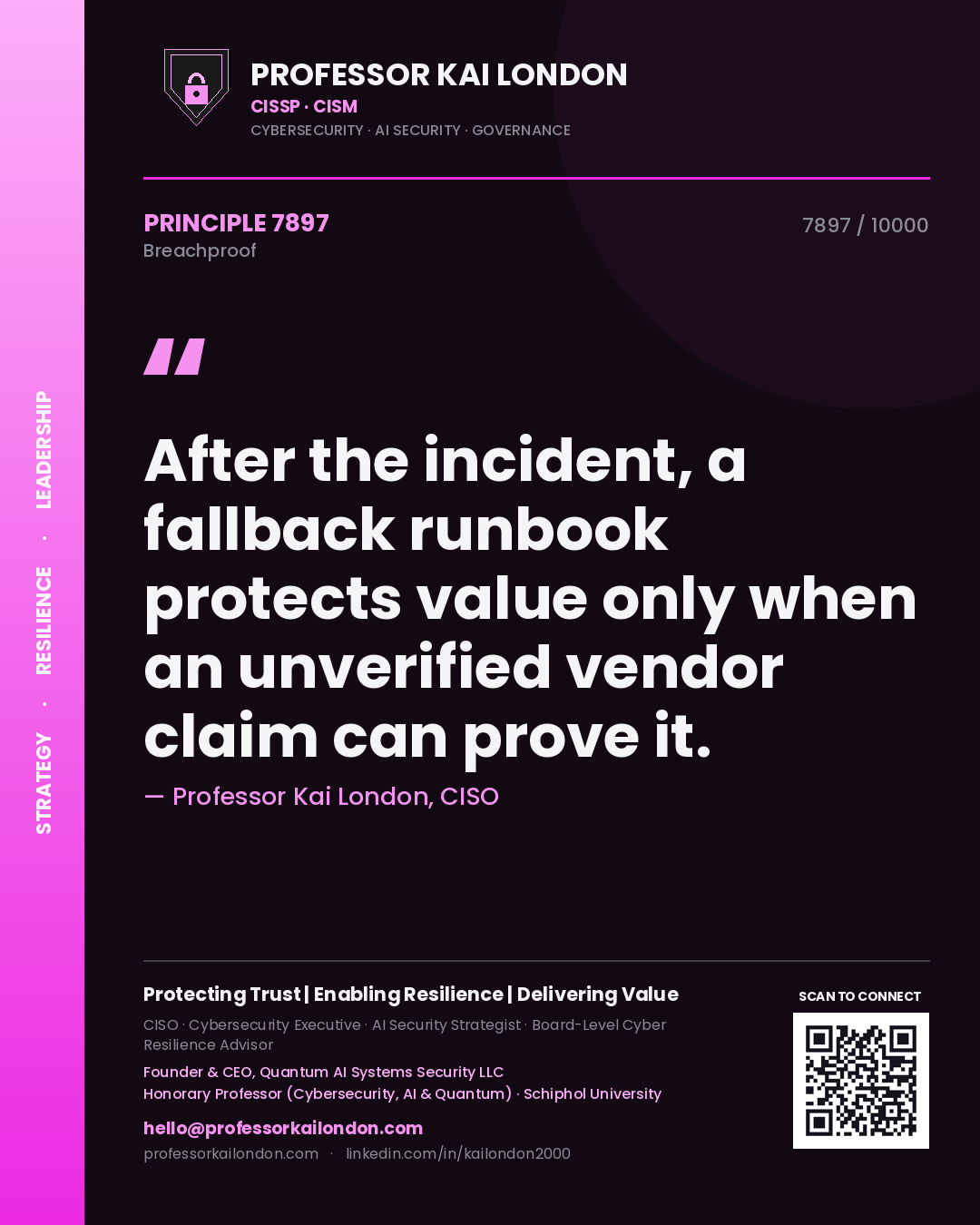 Quote card by Professor Kai London reading 'After the incident, a fallback runbook protects value only when an unverified vendor claim can prove it.'. From the book Breachproof.