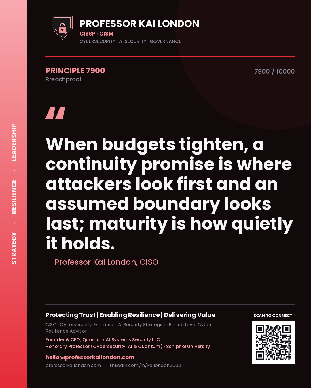 Quote card by Professor Kai London reading 'When budgets tighten, a continuity promise is where attackers look first and an assumed boundary looks last; maturity is how quietly it holds.'. From the book Breachproof.