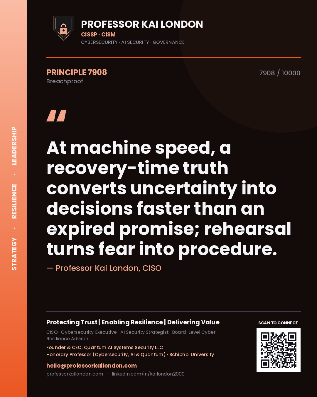 Professor Kai London principle 7908: At machine speed, a recovery-time truth converts uncertainty into decisions faster than an expired promise; rehearsal turns fear into procedure.