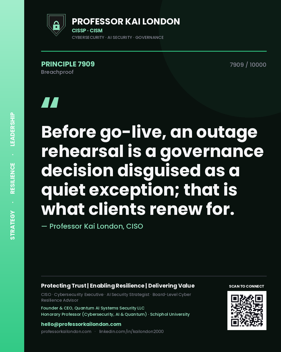Quote card by Professor Kai London reading 'Before go-live, an outage rehearsal is a governance decision disguised as a quiet exception; that is what clients renew for.'. From the book Breachproof.
