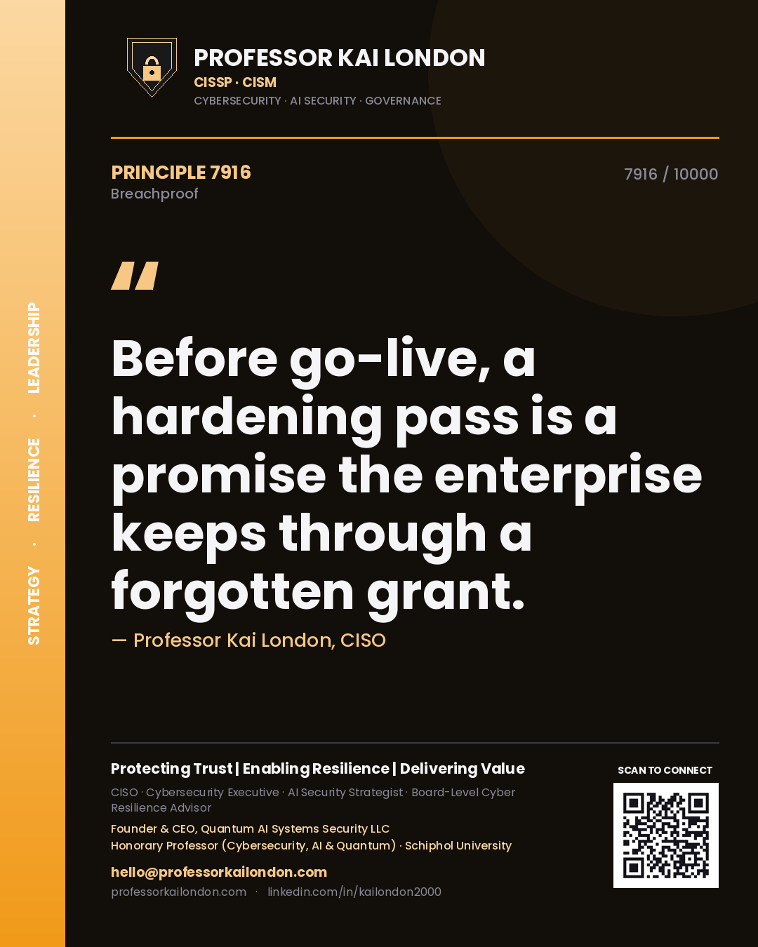 Quote card by Professor Kai London reading 'Before go-live, a hardening pass is a promise the enterprise keeps through a forgotten grant.'. From the book Breachproof.
