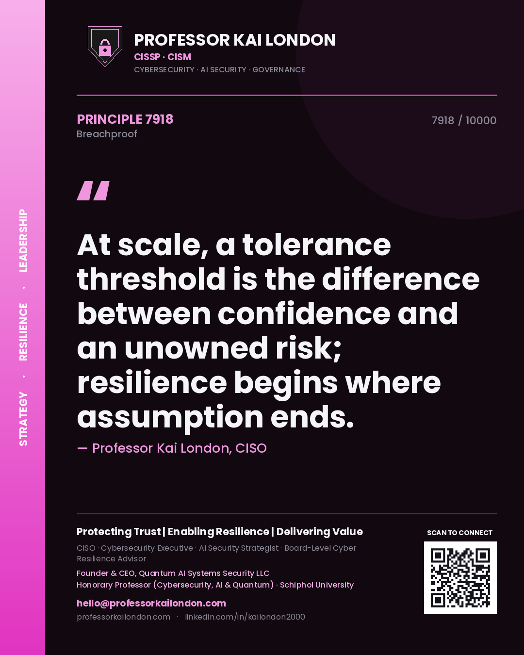 Quote card by Professor Kai London reading 'At scale, a tolerance threshold is the difference between confidence and an unowned risk; resilience begins where assumption ends.'. From the book Breachproof.