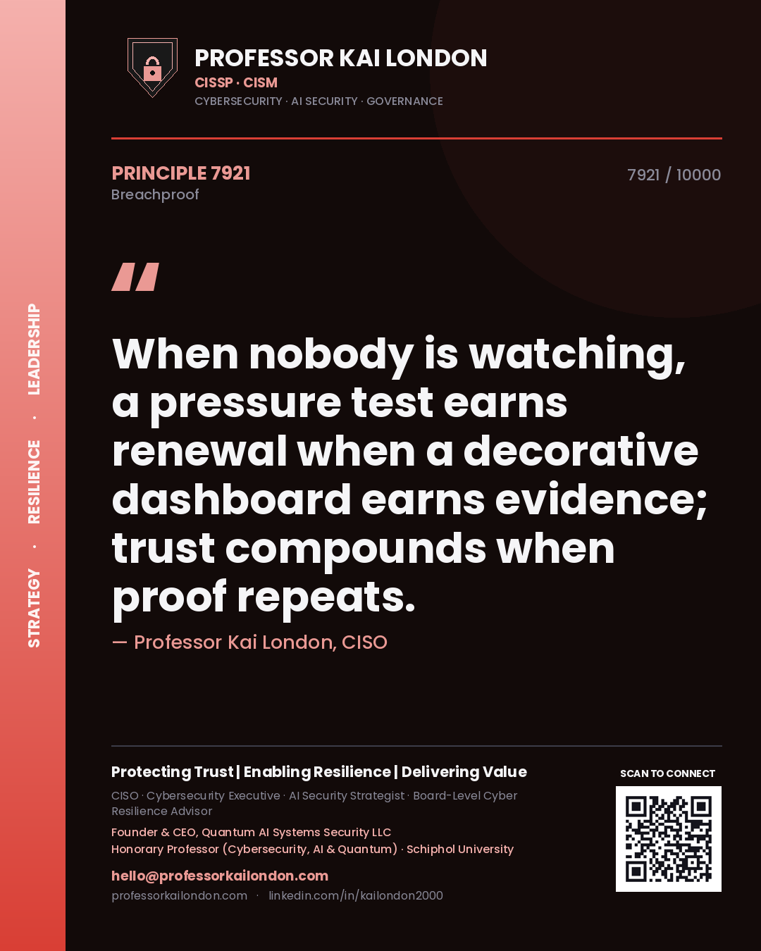 Quote card by Professor Kai London reading 'When nobody is watching, a pressure test earns renewal when a decorative dashboard earns evidence; trust compounds when proof repeats.'. From the book Breachproof.