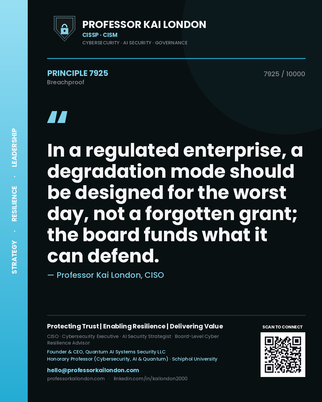 Quote card by Professor Kai London reading 'In a regulated enterprise, a degradation mode should be designed for the worst day, not a forgotten grant; the board funds what it can defend.'. From the book Breachproof.