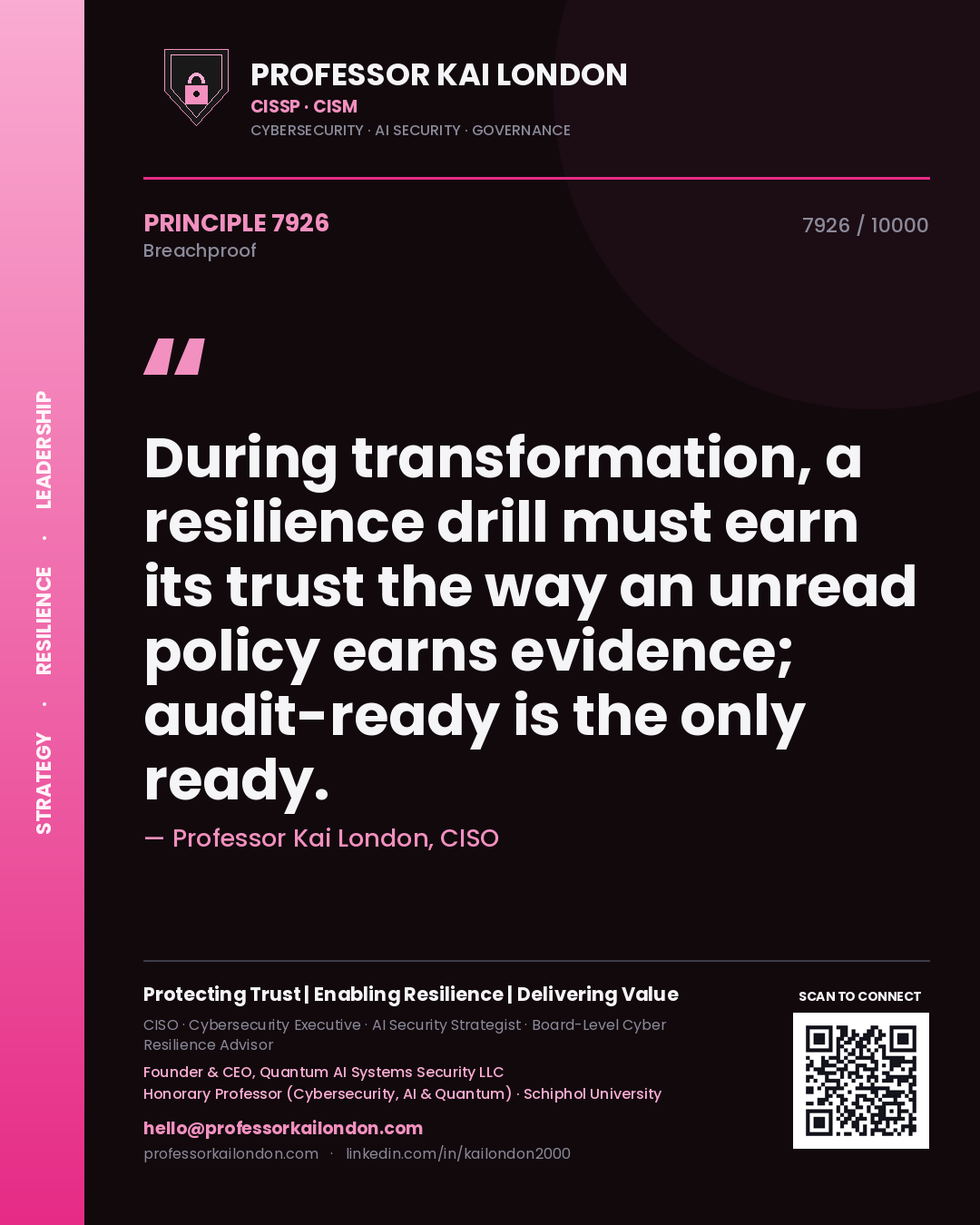 Quote card by Professor Kai London reading 'During transformation, a resilience drill must earn its trust the way an unread policy earns evidence; audit-ready is the only ready.'. From the book Breachproof.