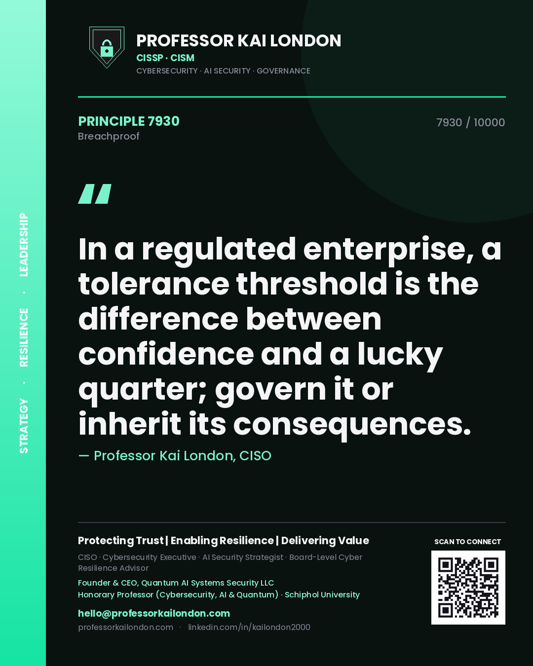 Quote card by Professor Kai London reading 'In a regulated enterprise, a tolerance threshold is the difference between confidence and a lucky quarter; govern it or inherit its consequences.'. From the book Breachproof.