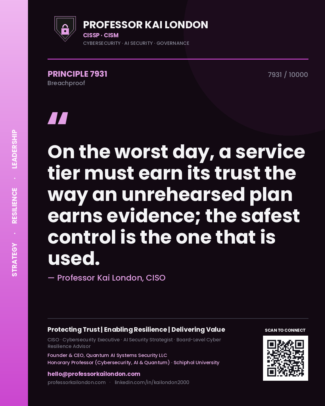 Quote card by Professor Kai London reading 'On the worst day, a service tier must earn its trust the way an unrehearsed plan earns evidence; the safest control is the one that is used.'. From the book Breachproof.