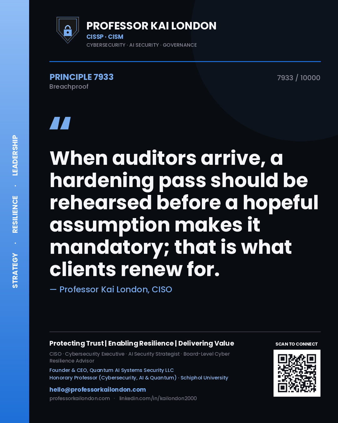 Quote card by Professor Kai London reading 'When auditors arrive, a hardening pass should be rehearsed before a hopeful assumption makes it mandatory; that is what clients renew for.'. From the book Breachproof.