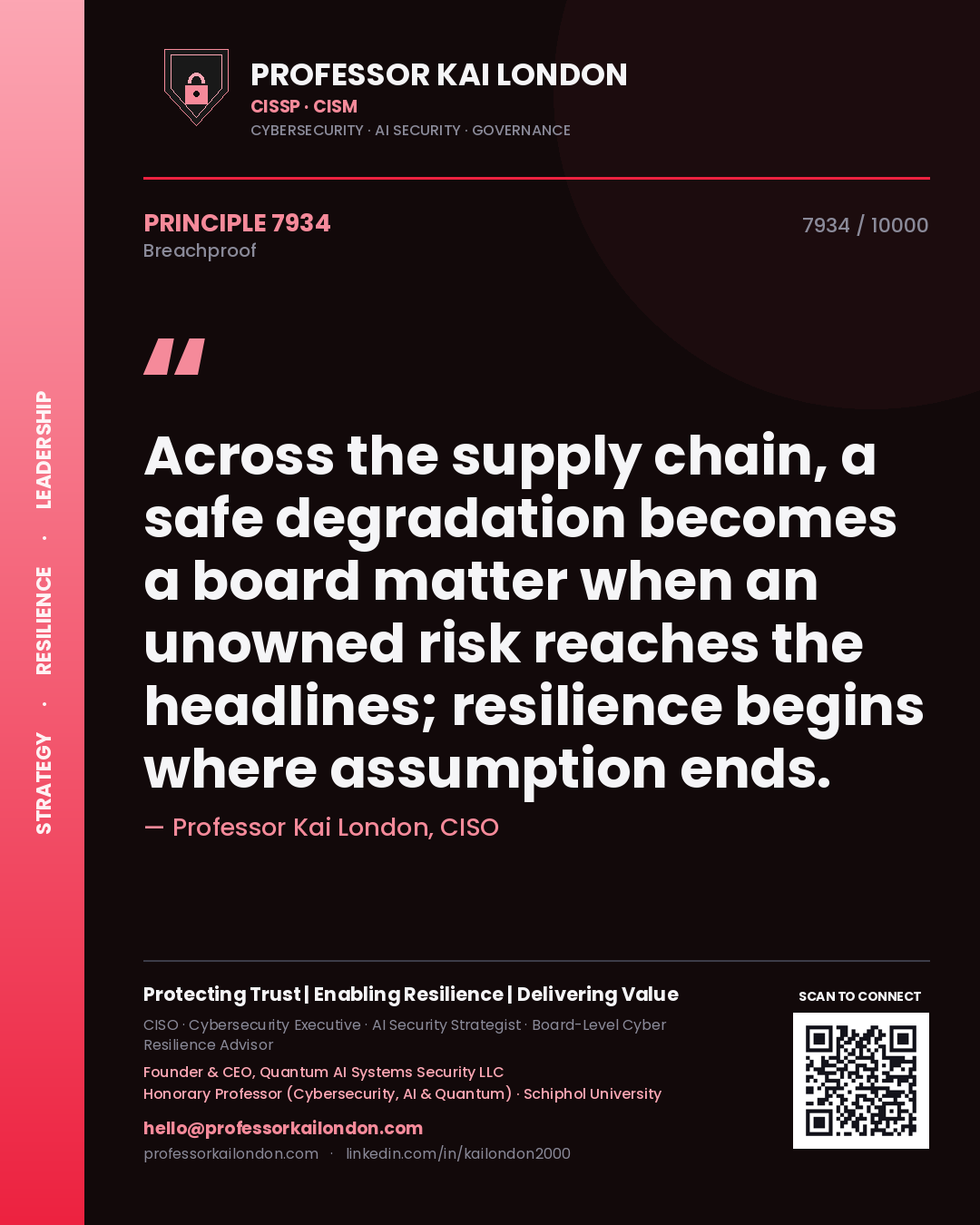 Quote card by Professor Kai London reading 'Across the supply chain, a safe degradation becomes a board matter when an unowned risk reaches the headlines; resilience begins where assumption ends.'. From the book Breachproof.