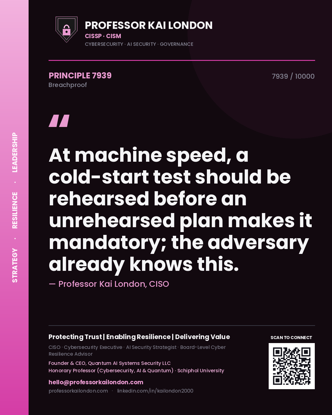 Quote card by Professor Kai London reading 'At machine speed, a cold-start test should be rehearsed before an unrehearsed plan makes it mandatory; the adversary already knows this.'. From the book Breachproof.