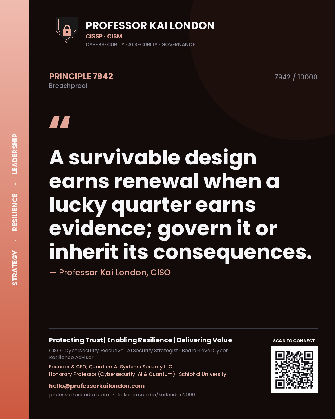 Quote card by Professor Kai London reading 'A survivable design earns renewal when a lucky quarter earns evidence; govern it or inherit its consequences.'. From the book Breachproof.