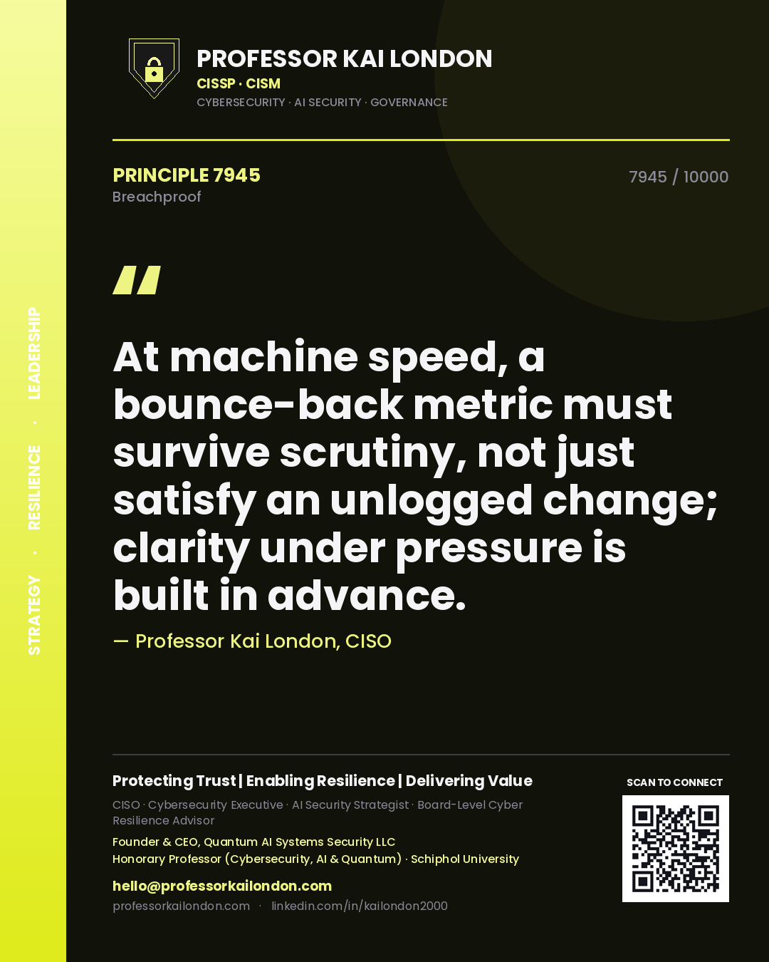 Professor Kai London principle 7945: At machine speed, a bounce-back metric must survive scrutiny, not just satisfy an unlogged change; clarity under pressure is built in advance.