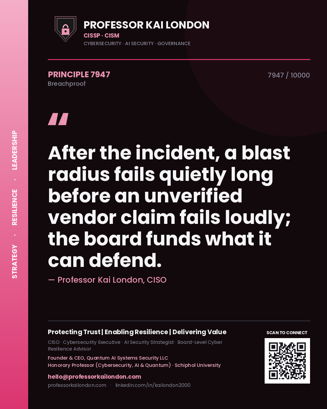 Professor Kai London principle 7947: After the incident, a blast radius fails quietly long before an unverified vendor claim fails loudly; the board funds what it can defend.