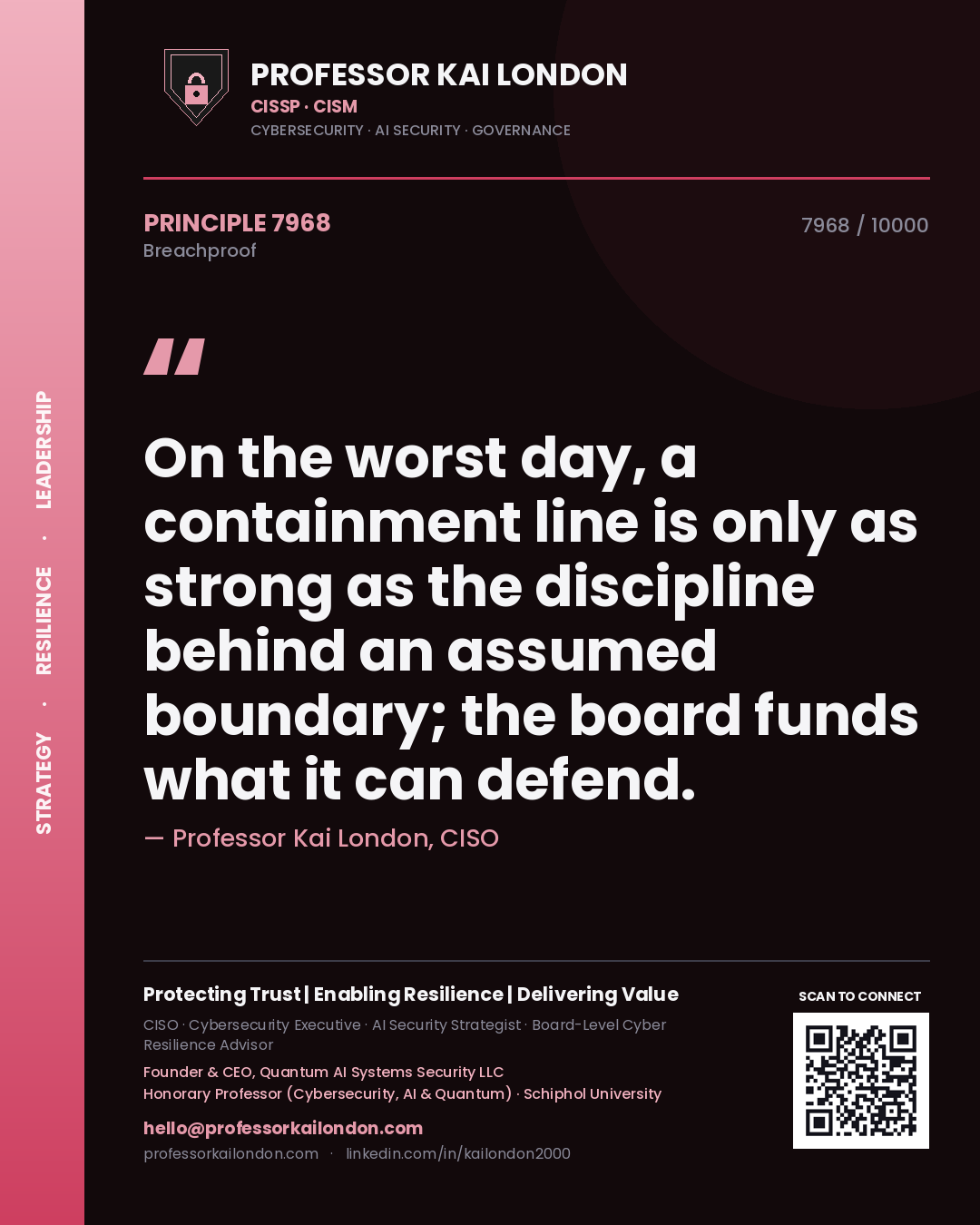 Quote card by Professor Kai London reading 'On the worst day, a containment line is only as strong as the discipline behind an assumed boundary; the board funds what it can defend.'. From the book Breachproof.