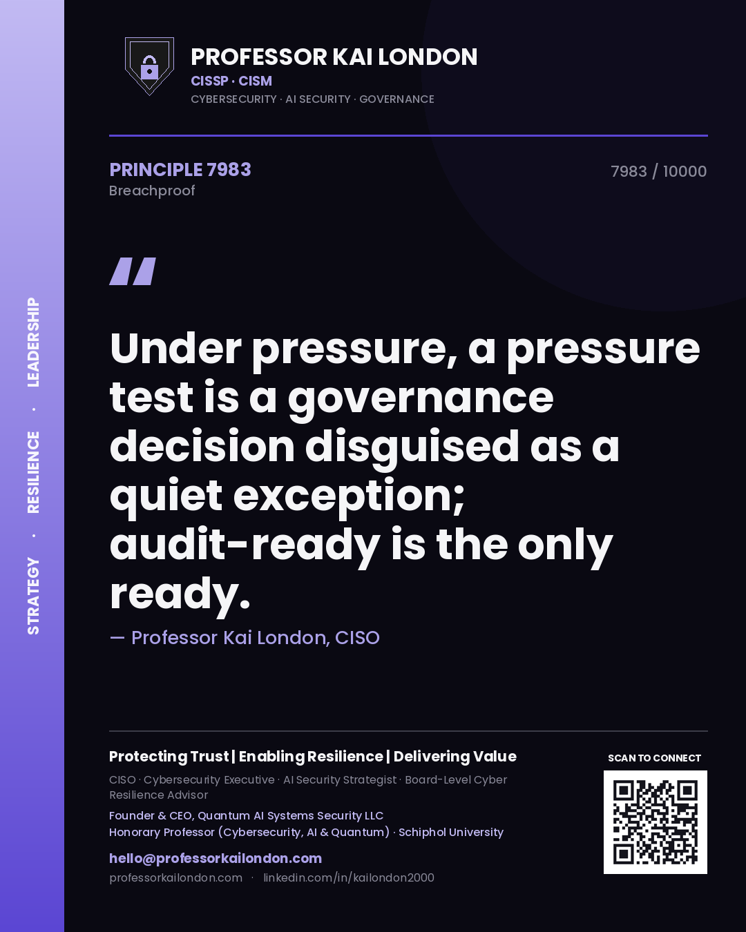 Quote card by Professor Kai London reading 'Under pressure, a pressure test is a governance decision disguised as a quiet exception; audit-ready is the only ready.'. From the book Breachproof.