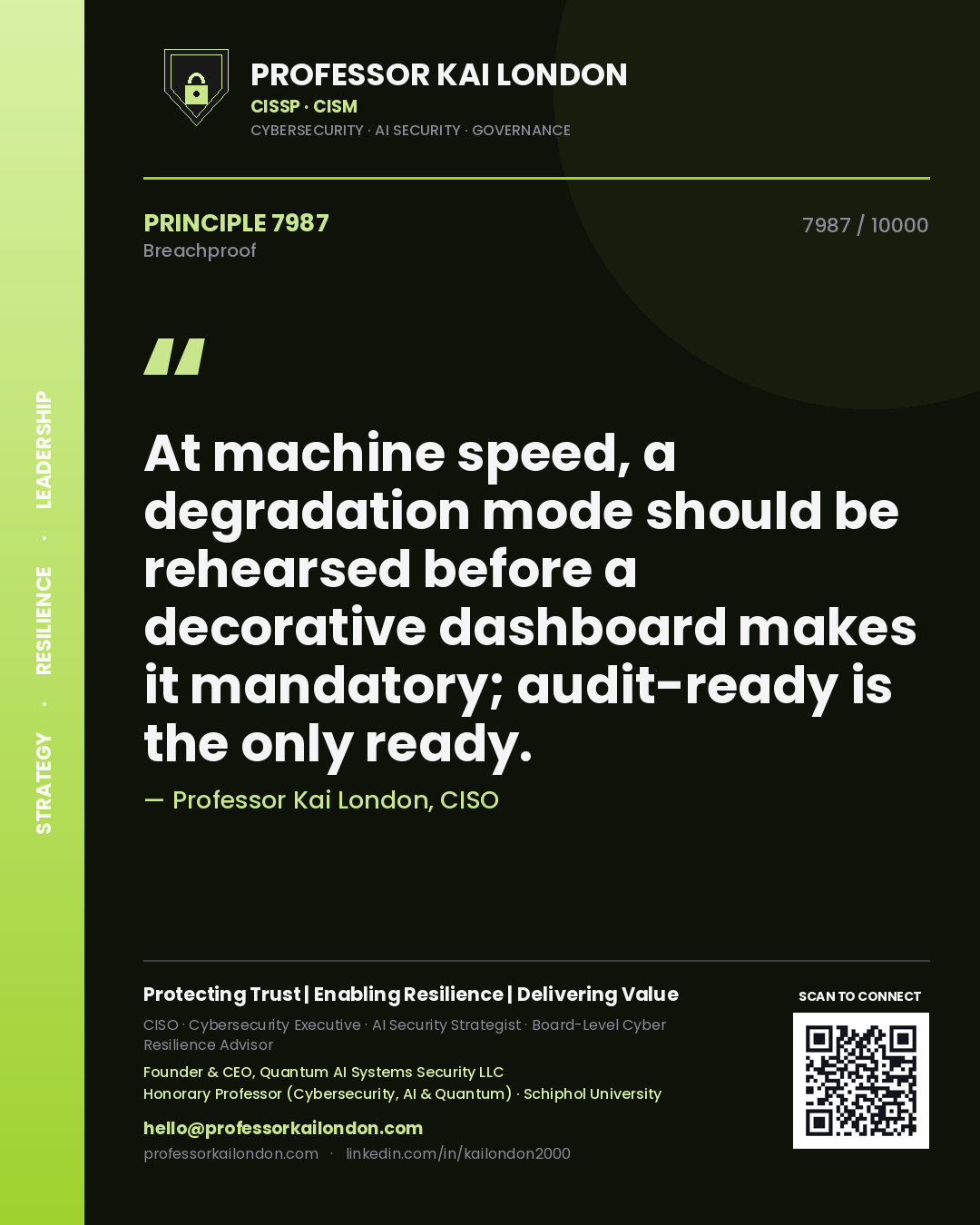 Quote card by Professor Kai London reading 'At machine speed, a degradation mode should be rehearsed before a decorative dashboard makes it mandatory; audit-ready is the only ready.'. From the book Breachproof.