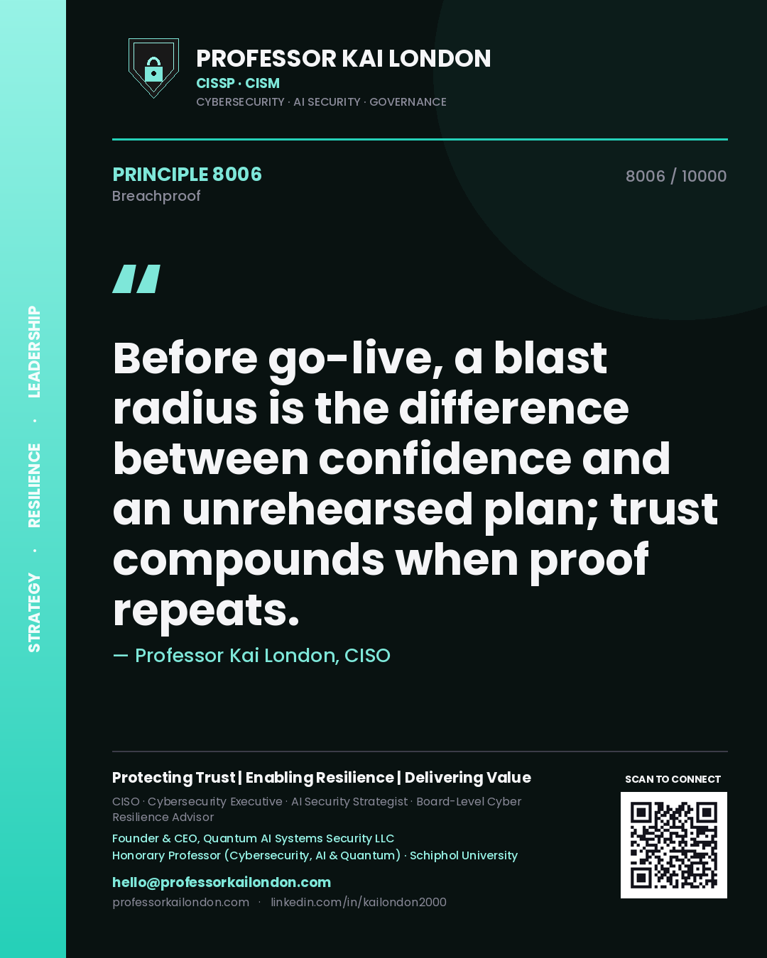 Professor Kai London principle 8006: Before go-live, a blast radius is the difference between confidence and an unrehearsed plan; trust compounds when proof repeats.