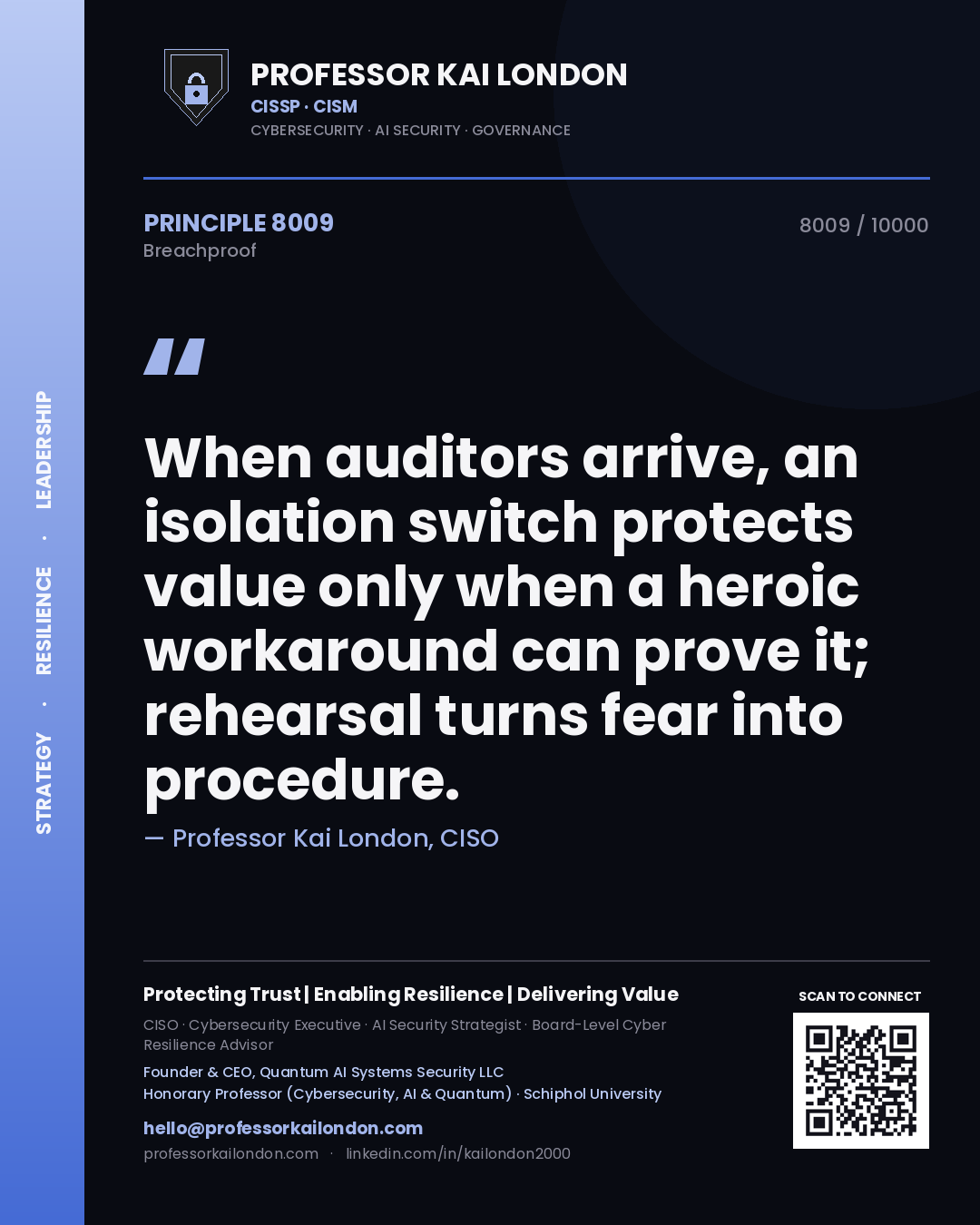 Quote card by Professor Kai London reading 'When auditors arrive, an isolation switch protects value only when a heroic workaround can prove it; rehearsal turns fear into procedure.'. From the book Breachproof.