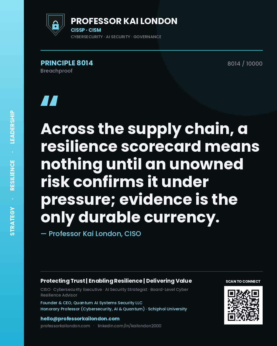 Professor Kai London principle 8014: Across the supply chain, a resilience scorecard means nothing until an unowned risk confirms it under pressure; evidence is the only durable currency.