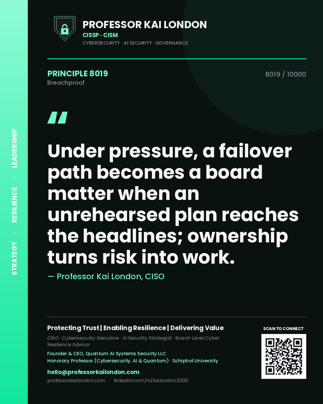 Professor Kai London principle 8019: Under pressure, a failover path becomes a board matter when an unrehearsed plan reaches the headlines; ownership turns risk into work.