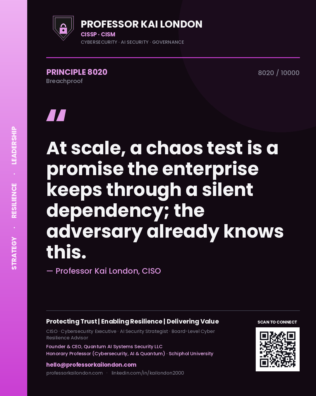 Quote card by Professor Kai London reading 'At scale, a chaos test is a promise the enterprise keeps through a silent dependency; the adversary already knows this.'. From the book Breachproof.