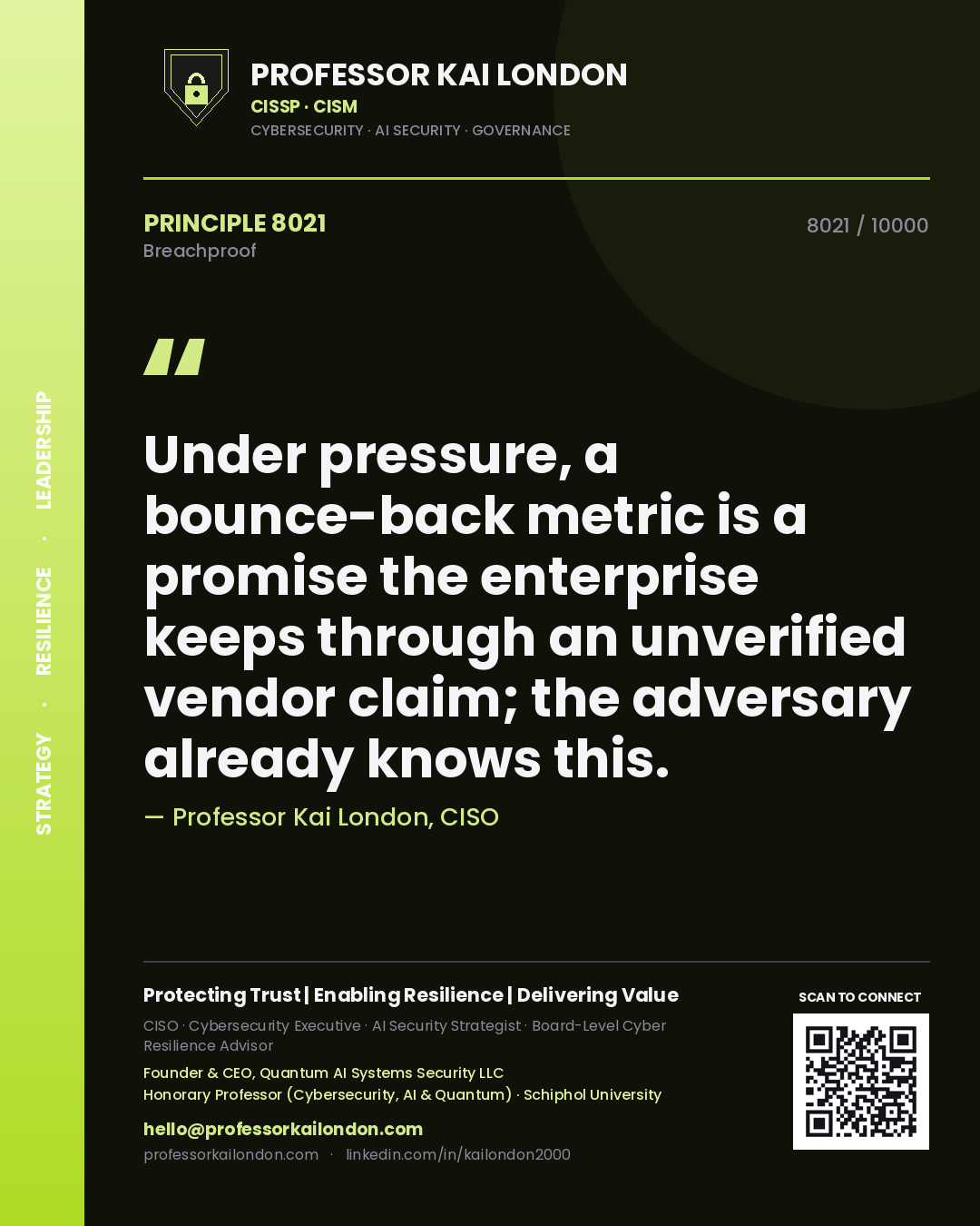 Professor Kai London principle 8021: Under pressure, a bounce-back metric is a promise the enterprise keeps through an unverified vendor claim; the adversary already knows this.