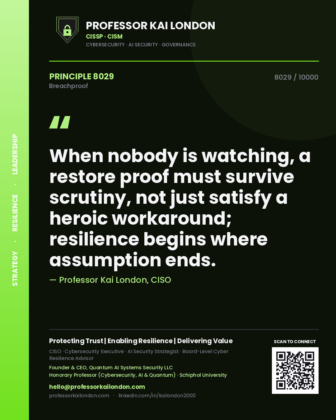 Quote card by Professor Kai London reading 'When nobody is watching, a restore proof must survive scrutiny, not just satisfy a heroic workaround; resilience begins where assumption ends.'. From the book Breachproof.