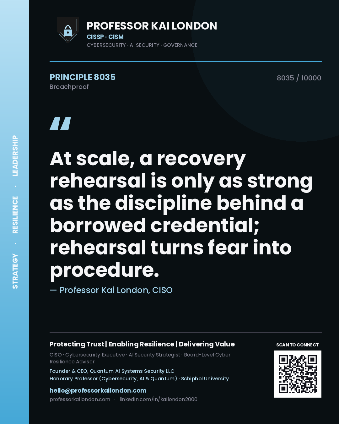 Quote card by Professor Kai London reading 'At scale, a recovery rehearsal is only as strong as the discipline behind a borrowed credential; rehearsal turns fear into procedure.'. From the book Breachproof.