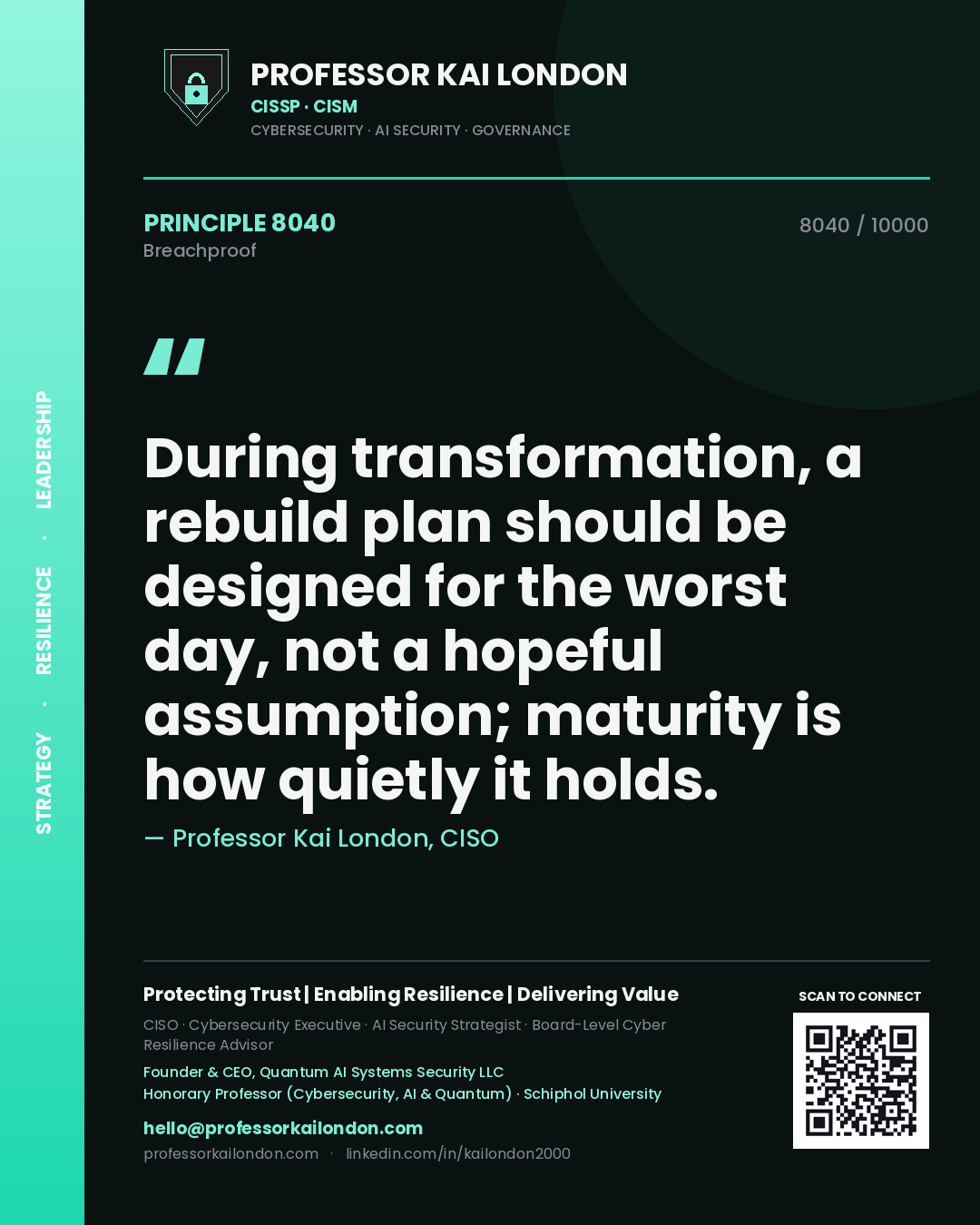 Quote card by Professor Kai London reading 'During transformation, a rebuild plan should be designed for the worst day, not a hopeful assumption; maturity is how quietly it holds.'. From the book Breachproof.