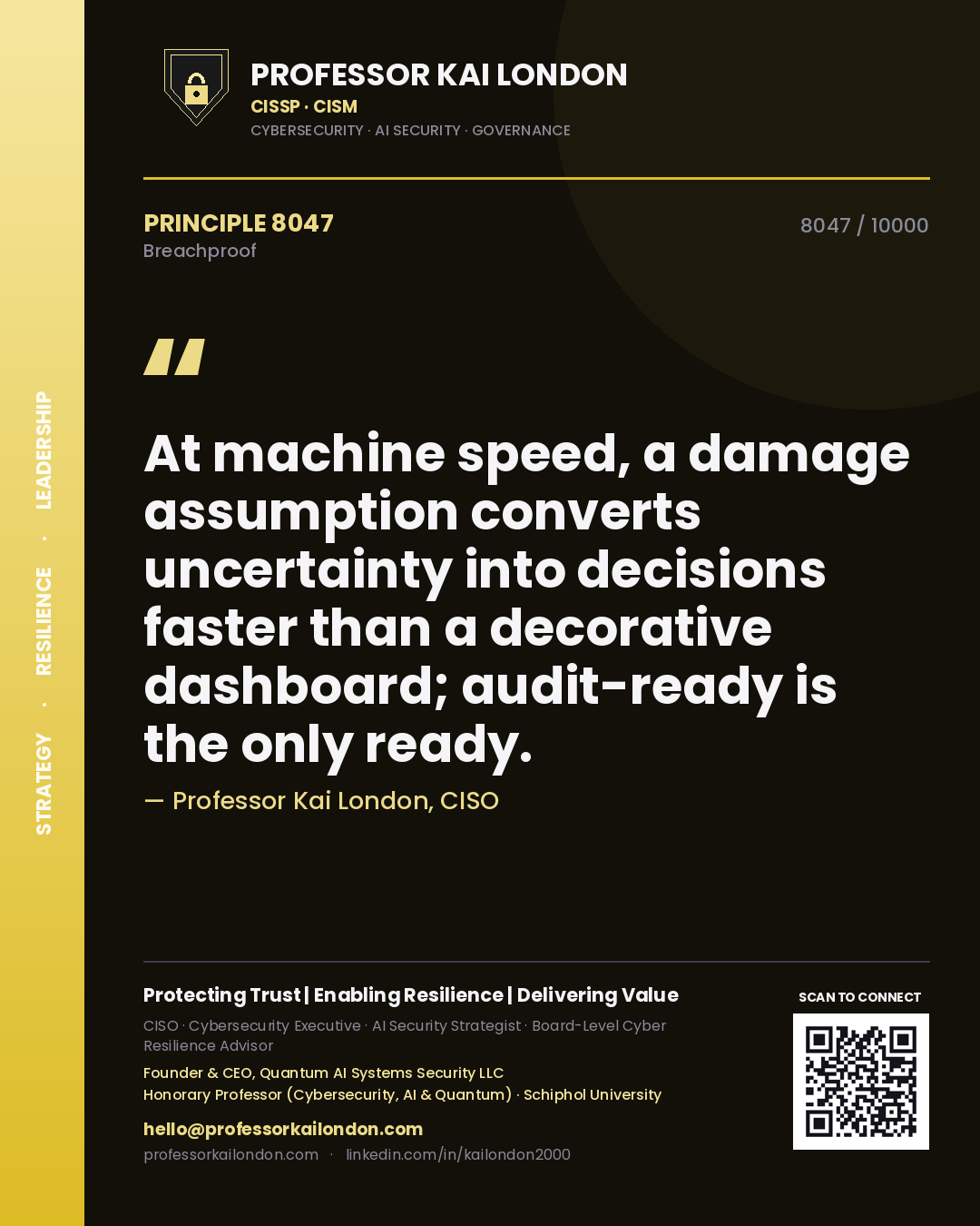 Quote card by Professor Kai London reading 'At machine speed, a damage assumption converts uncertainty into decisions faster than a decorative dashboard; audit-ready is the only ready.'. From the book Breachproof.