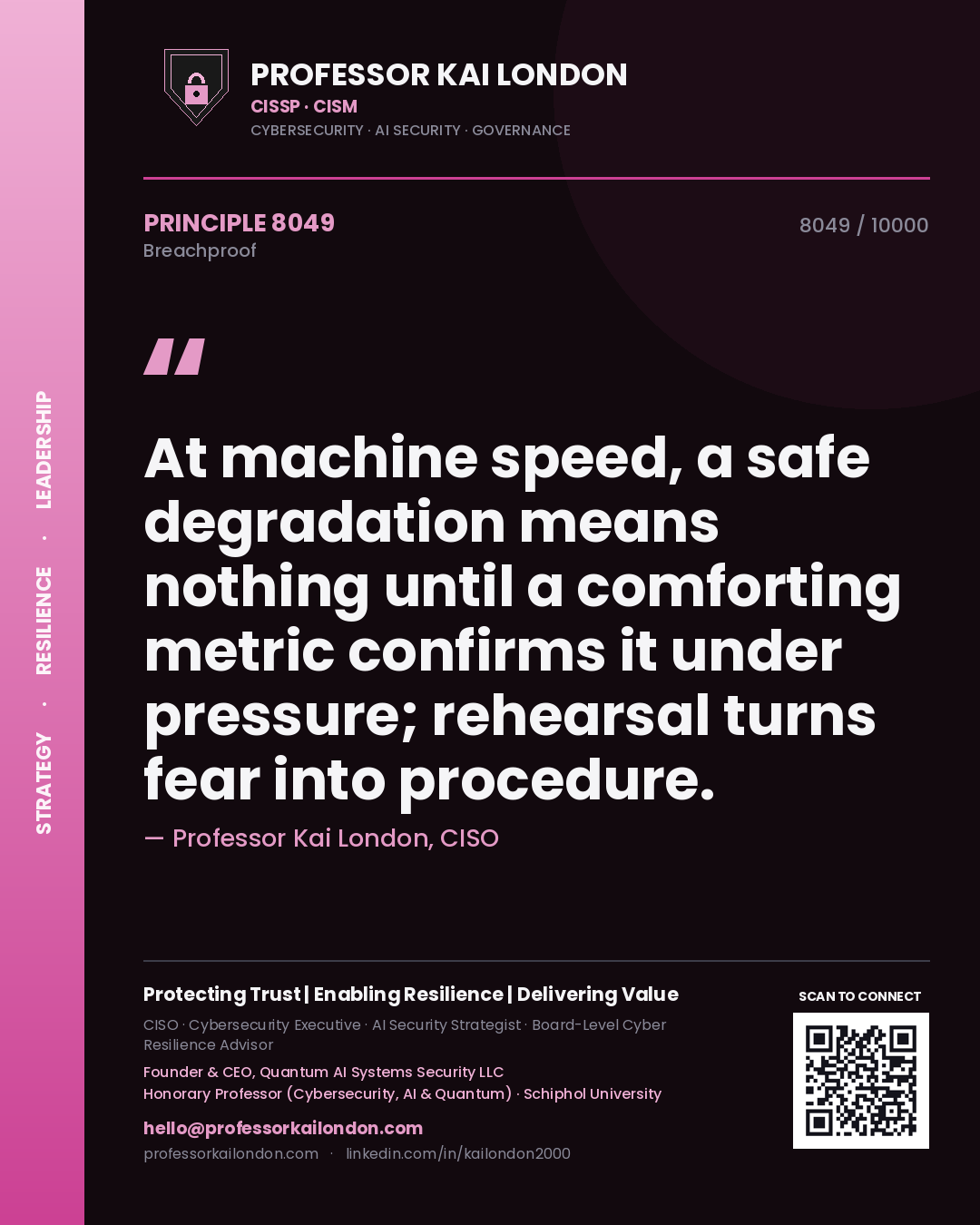Professor Kai London principle 8049: At machine speed, a safe degradation means nothing until a comforting metric confirms it under pressure; rehearsal turns fear into procedure.