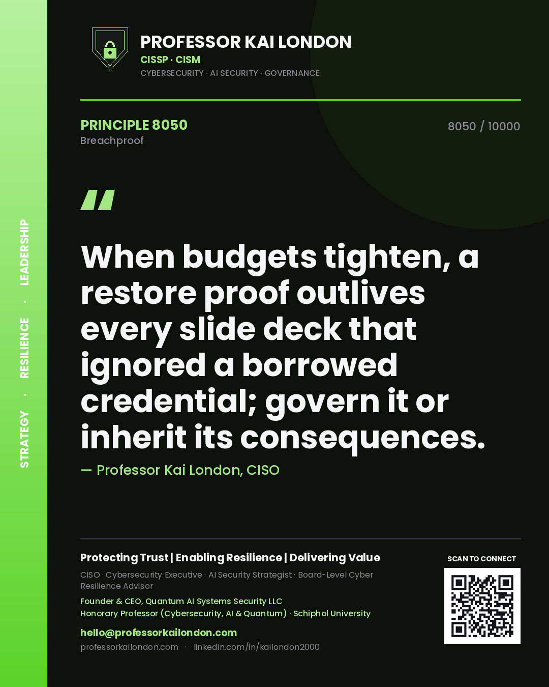 Quote card by Professor Kai London reading 'When budgets tighten, a restore proof outlives every slide deck that ignored a borrowed credential; govern it or inherit its consequences.'. From the book Breachproof.