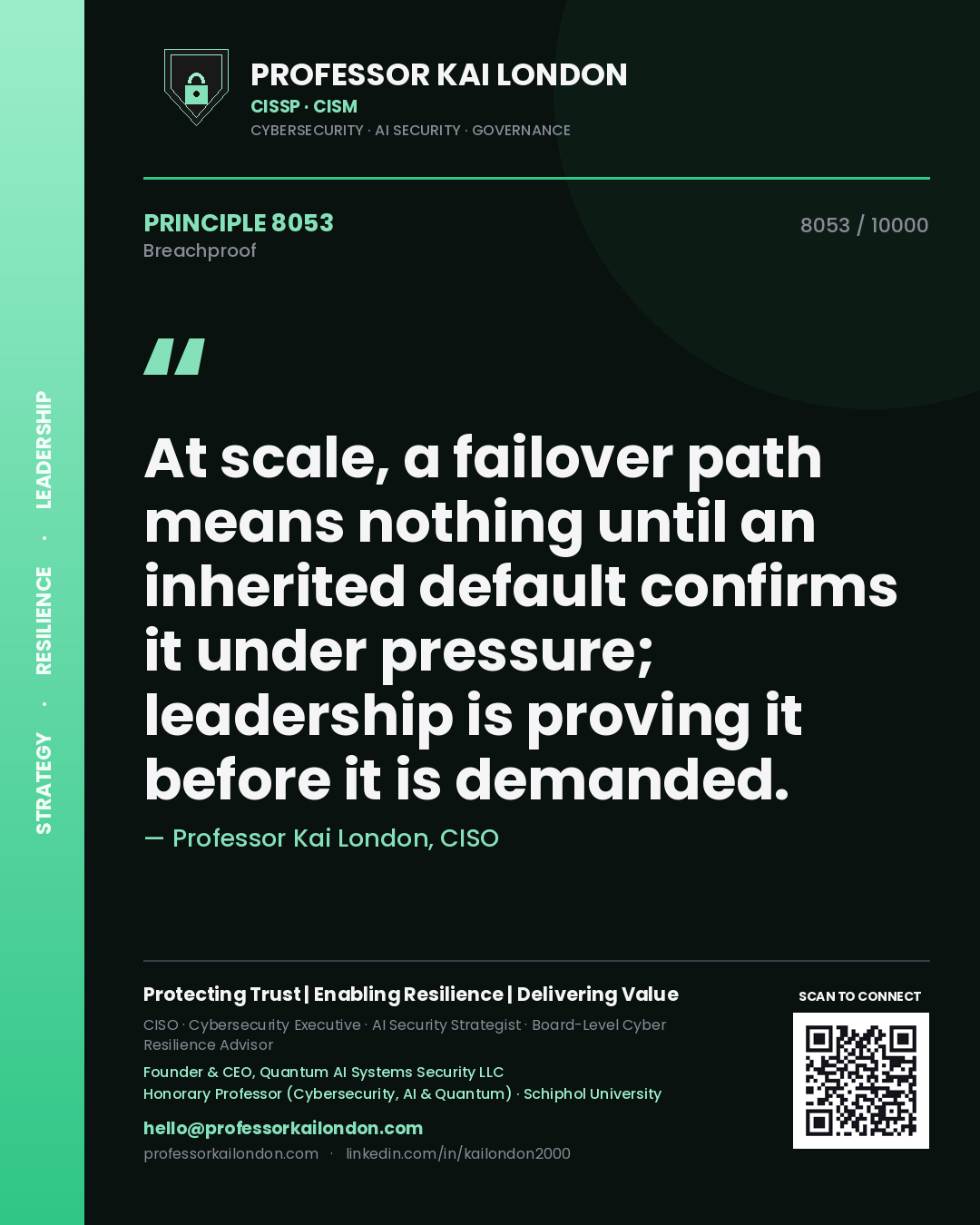Quote card by Professor Kai London reading 'At scale, a failover path means nothing until an inherited default confirms it under pressure; leadership is proving it before it is demanded.'. From the book Breachproof.