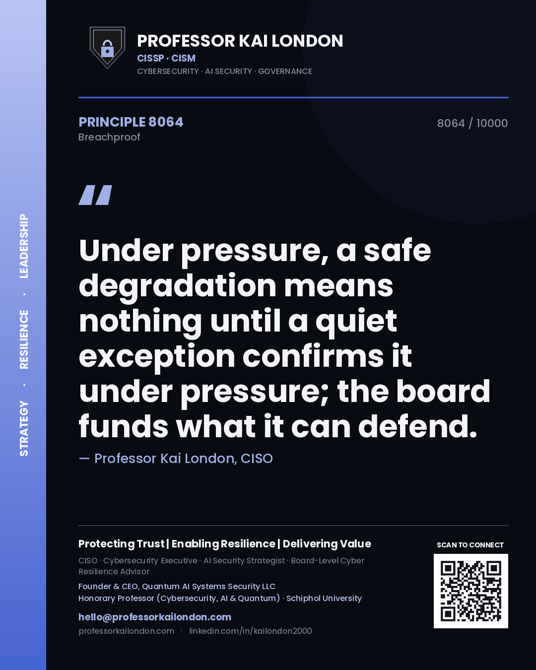 Quote card by Professor Kai London reading 'Under pressure, a safe degradation means nothing until a quiet exception confirms it under pressure; the board funds what it can defend.'. From the book Breachproof.