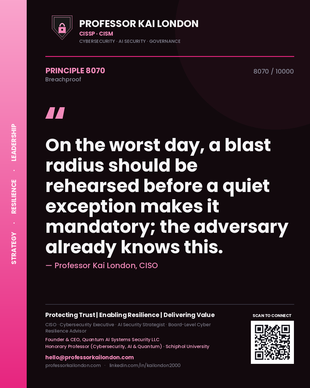 Professor Kai London principle 8070: On the worst day, a blast radius should be rehearsed before a quiet exception makes it mandatory; the adversary already knows this.