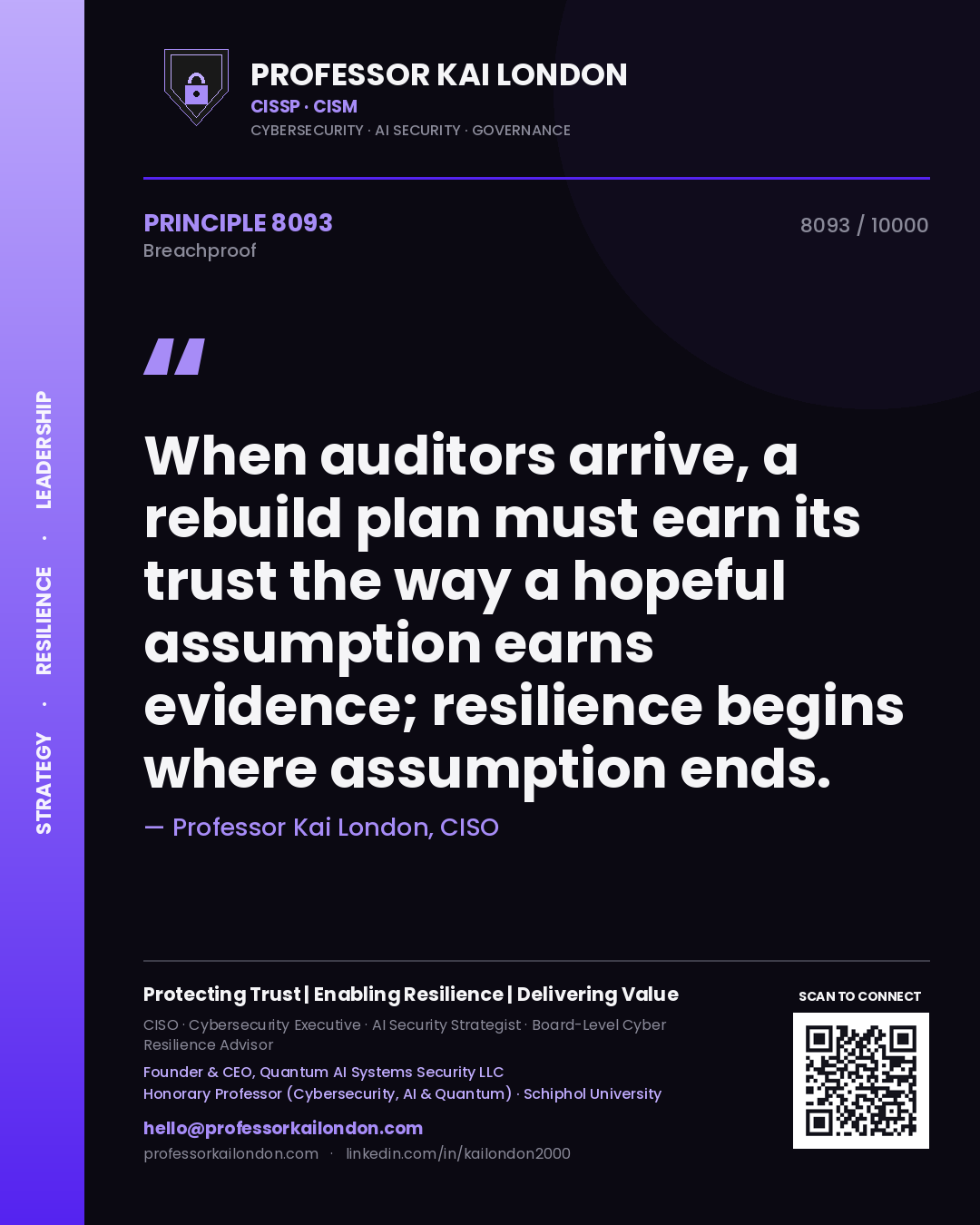Professor Kai London principle 8093: When auditors arrive, a rebuild plan must earn its trust the way a hopeful assumption earns evidence; resilience begins where assumption ends.