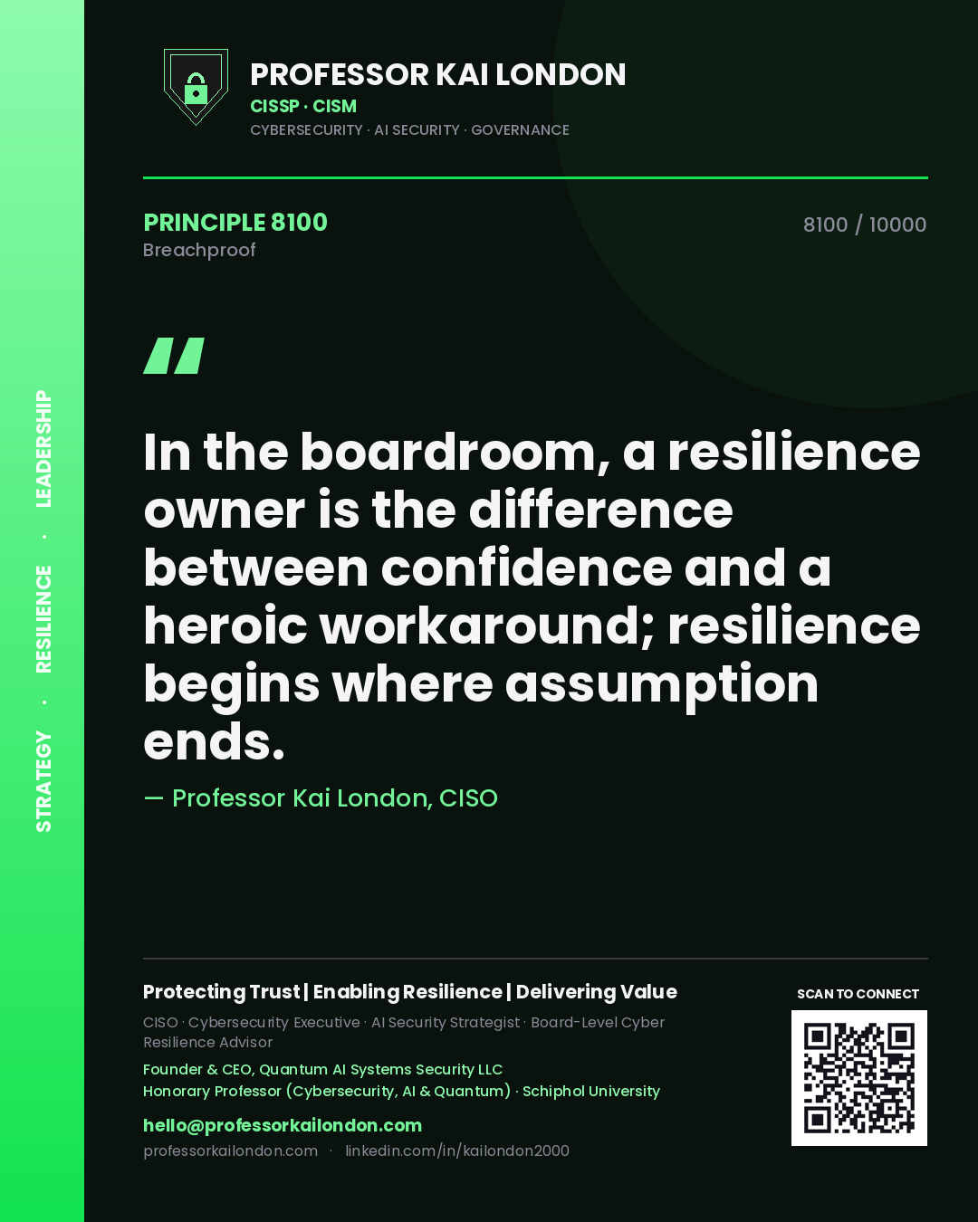 Professor Kai London principle 8100: In the boardroom, a resilience owner is the difference between confidence and a heroic workaround; resilience begins where assumption ends.