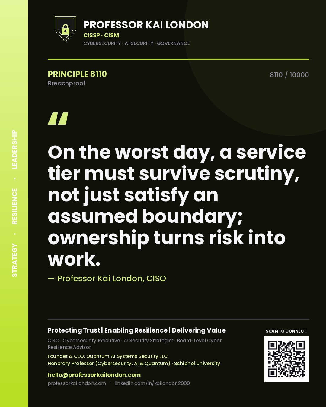 Quote card by Professor Kai London reading 'On the worst day, a service tier must survive scrutiny, not just satisfy an assumed boundary; ownership turns risk into work.'. From the book Breachproof.