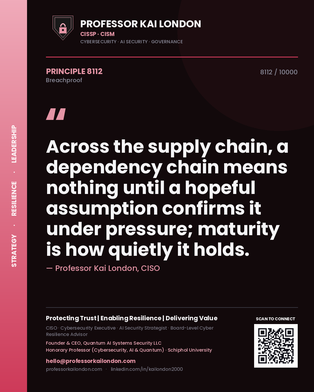 Quote card by Professor Kai London reading 'Across the supply chain, a dependency chain means nothing until a hopeful assumption confirms it under pressure; maturity is how quietly it holds.'. From the book Breachproof.