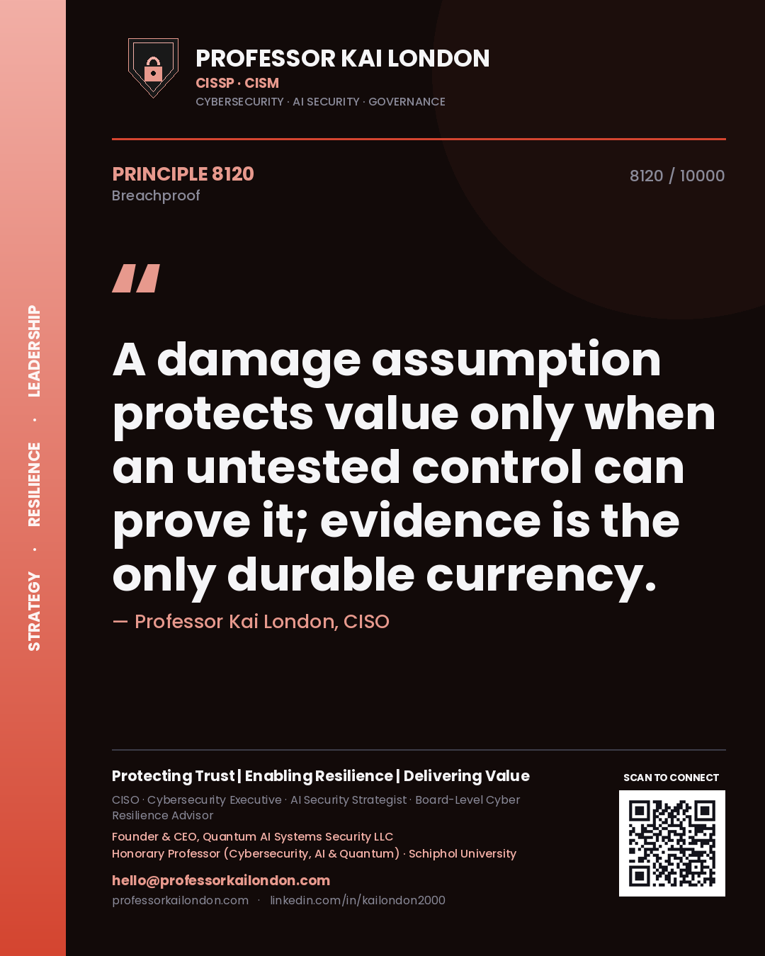 Quote card by Professor Kai London reading 'A damage assumption protects value only when an untested control can prove it; evidence is the only durable currency.'. From the book Breachproof.