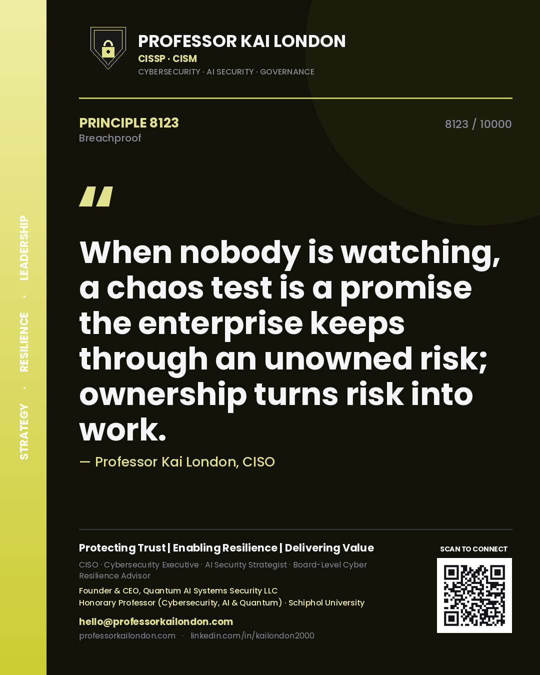 Quote card by Professor Kai London reading 'When nobody is watching, a chaos test is a promise the enterprise keeps through an unowned risk; ownership turns risk into work.'. From the book Breachproof.