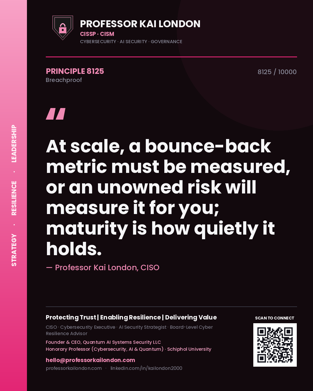 Quote card by Professor Kai London reading 'At scale, a bounce-back metric must be measured, or an unowned risk will measure it for you; maturity is how quietly it holds.'. From the book Breachproof.